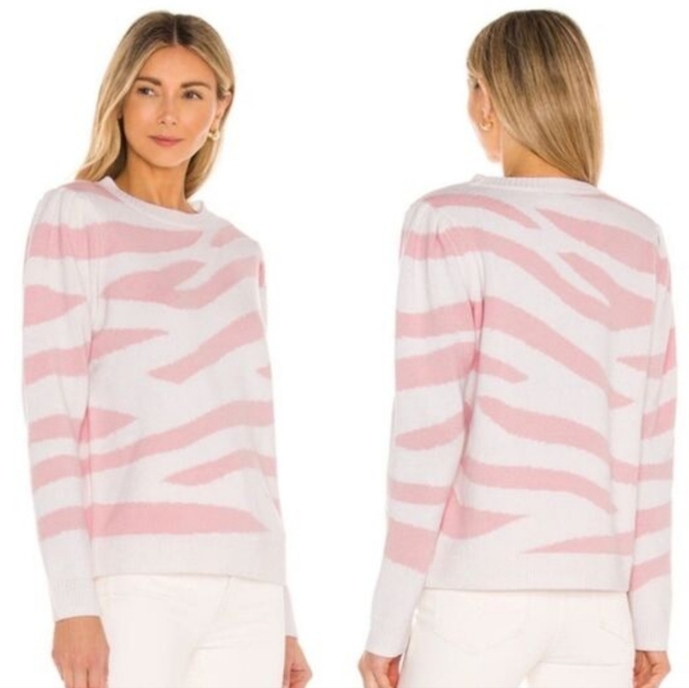 Milly Pink White Zebra Print Merino Wool Cashmere Puff Shoulder Sweater Medium